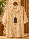 Beige Crochet Camp Collar Shirt