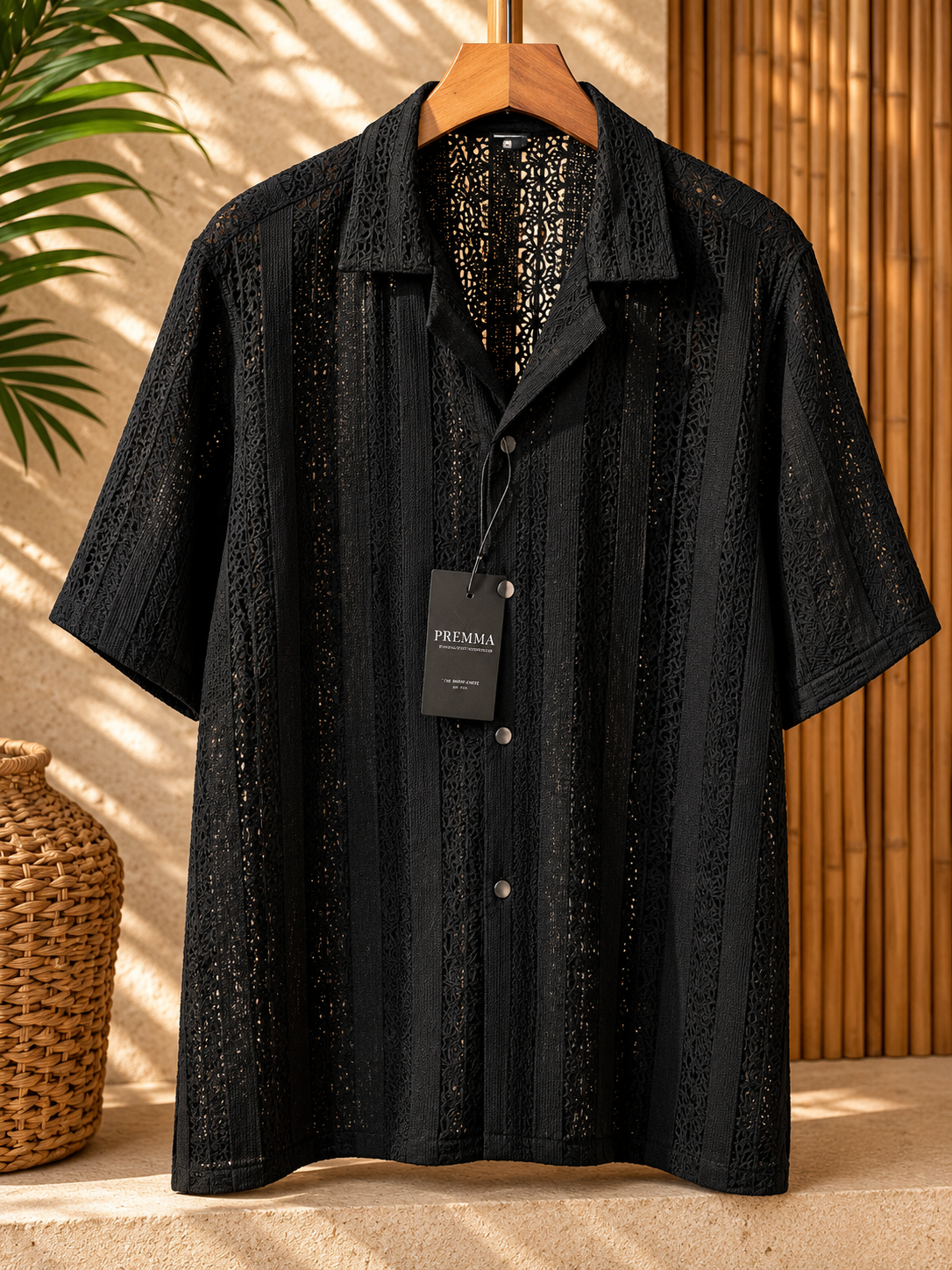 Black Lace Camp Collar Shirt